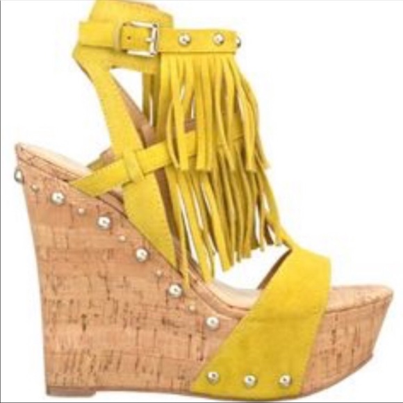 Guess Shoes - Guess Yellow Fringe Meekah Suede Wedges